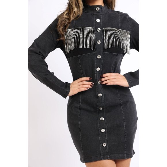 Women's Long Sleeve Denim Mini Jacket Dress With Rhinestone Fringe Party Dress - Picture 2 of 7